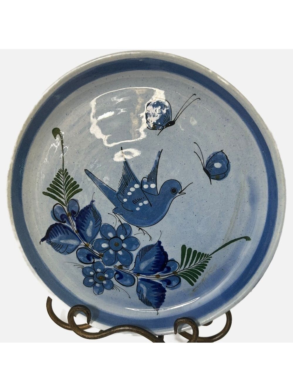 Vintage Tonala Mexico Stoneware Hand Painted Signed Birds Butterflies Plate